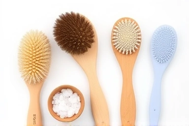 Variety of body brushes and natural skincare ingredients