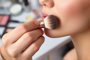 Makeup artist applying sheer blush with a soft brush.