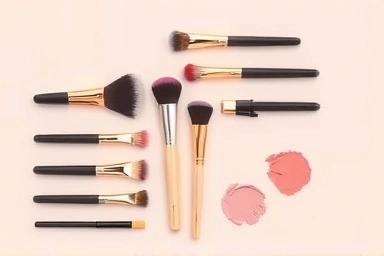 Assortment of blusher brushes and blush textures.