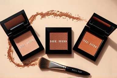 Elegant Bobbi Brown eyeshadow compacts and brush for makeup.