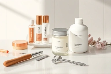 Professional waxing tools and soothing skincare products.