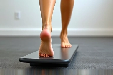 Feet on stretching board, emphasizing balance and muscle activation