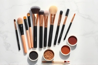 Artful arrangement of bullet makeup brushes and eyeshadows