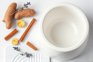 Natural ingredients for circulation, next to a foot basin.