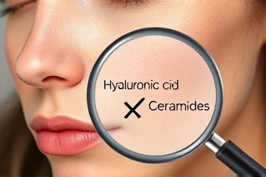 Magnifying glass over healthy skin, highlighting beneficial cosmetic ingredients.