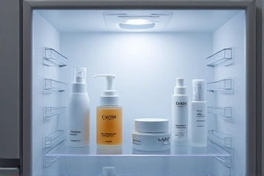 Modern cosmetic refrigerator preserving skincare products.
