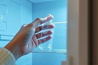 Hand taking out skincare product from cool cosmetic fridge.