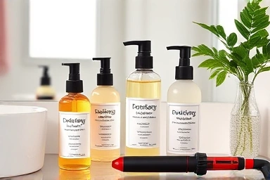 Curling essence bottles and hair styling tools for perfect waves.