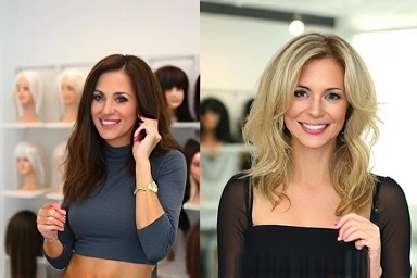 Woman choosing between rental and custom wigs