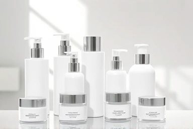 Premium derma-cosmetic skincare products arranged on a white surface.