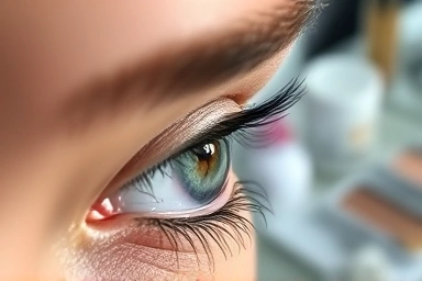 Natural false eyelashes applied flawlessly to a woman's eye.