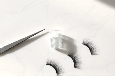 Beauty tools for applying false eyelashes: tweezers, adhesive, and lash clusters.