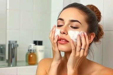 Woman with glowing skin using enzyme cleanser gently.