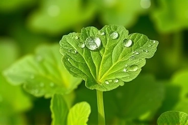 Fresh green perilla leaves with dew drops, natural skincare