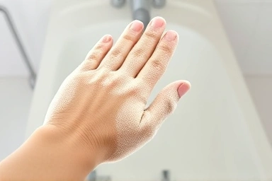 Soft exfoliating glove in a clean bathroom setting.