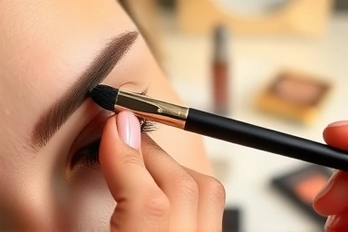 Close-up of spoolie brush grooming eyebrows for natural look
