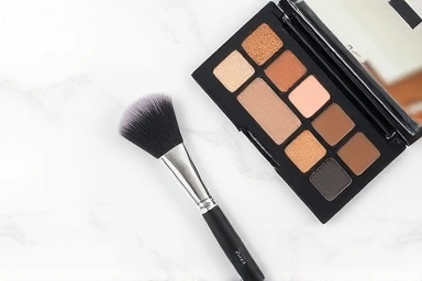 Eye makeup tools including spoolie brush, pencil, and palette