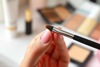 Close-up of hand using eyeliner smudge brush for soft makeup.