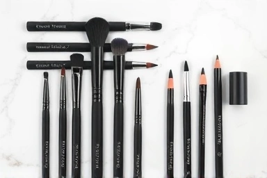 Assortment of eyeliner smudge brushes and eyeliners for makeup artistry.
