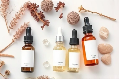 Elegant facial oil bottles with natural elements.