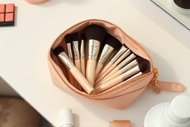 Compact makeup brush set in an open pouch