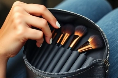 Hand selecting makeup brush from travel set