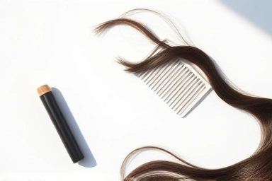 Hair fixer stick, comb, and hair strands flat lay