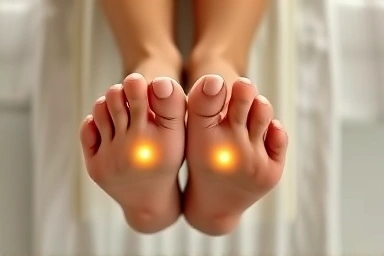 Relaxing foot massage with glowing acupressure points for health.