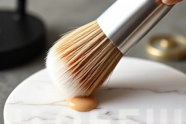 New foundation brush being prepped with makeup.
