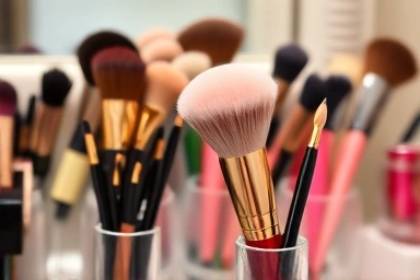 Collection of clean and organized makeup brushes.