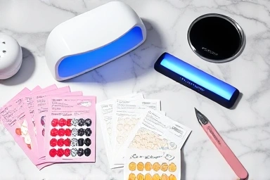 DIY gel nail sticker application tools and supplies.