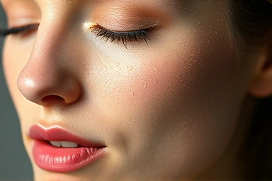 Dewy, glowing skin with subtle water droplets.