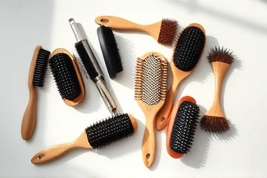 Variety of high-quality hairbrushes on a minimalist surface.