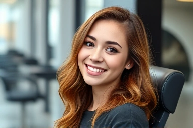 Woman enjoying affordable, stylish hair transformation as a model.