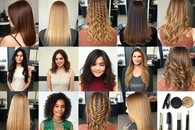 Diverse hair styles and salon tools representing hair modeling opportunities.