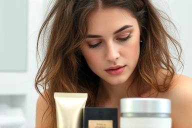 Woman contemplating hair mask choice for damaged hair