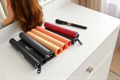 Various hair rollers arranged artistically on a vanity for styling.