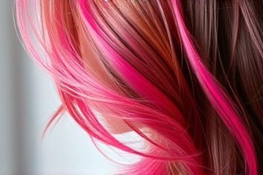Vibrant hair highlights with subtle bridge effect, showcasing color.