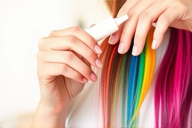 Hands applying colorful hair tint for DIY bridge dye.