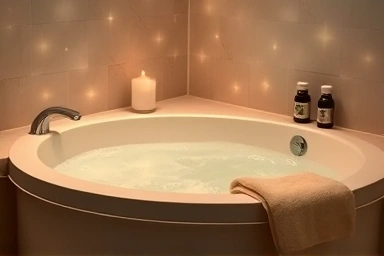 Relaxing half-body bath setup with essential oils.