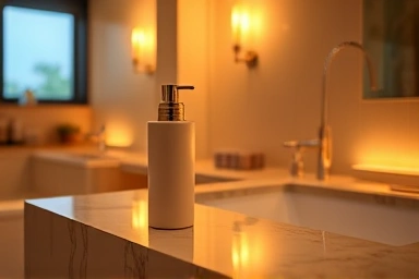 Luxurious hotel-style body lotion in a serene bathroom.