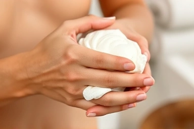 Close-up of hands applying moisturizing body lotion.