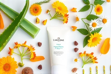 Natural ingredients and insect bite relief cream flat lay.