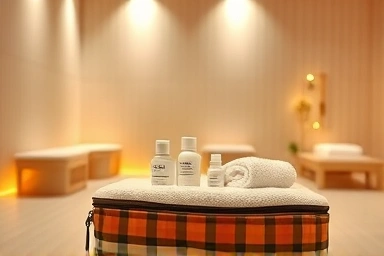 Clean jjimjilbang interior with travel toiletries for self-care.