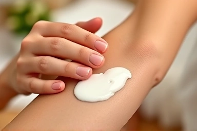 Applying moisturizer to dry skin after a spa session for hydration.