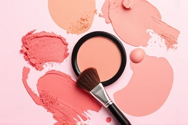 Assortment of blush shades and makeup tools for beauty application.