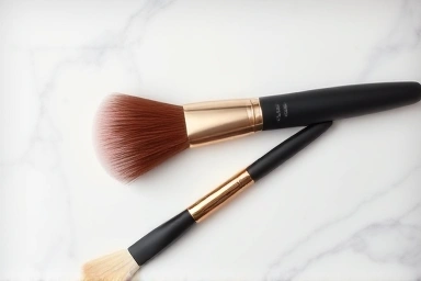 Close-up of makeup brushes: kabuki for foundation, fan for highlighter.