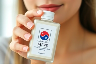 Woman holding cosmetic with MFDS certification mark