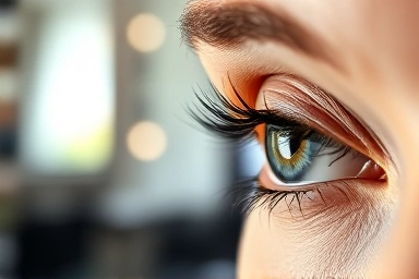 Close-up eye with perfectly curled eyelashes after lash perm.