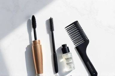 Lash perm aftercare essentials: mascara, comb, and serum.